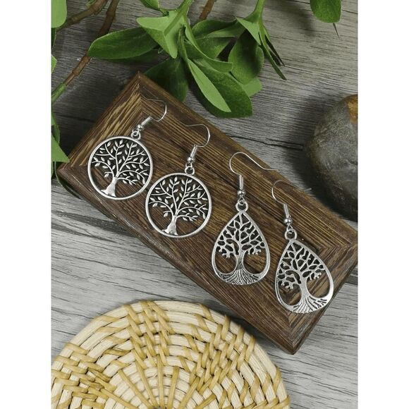 Antique Silver Vintage Style Round Drop Shape Hollow Tree Of Life Dangle Earring - Picture 2 of 8